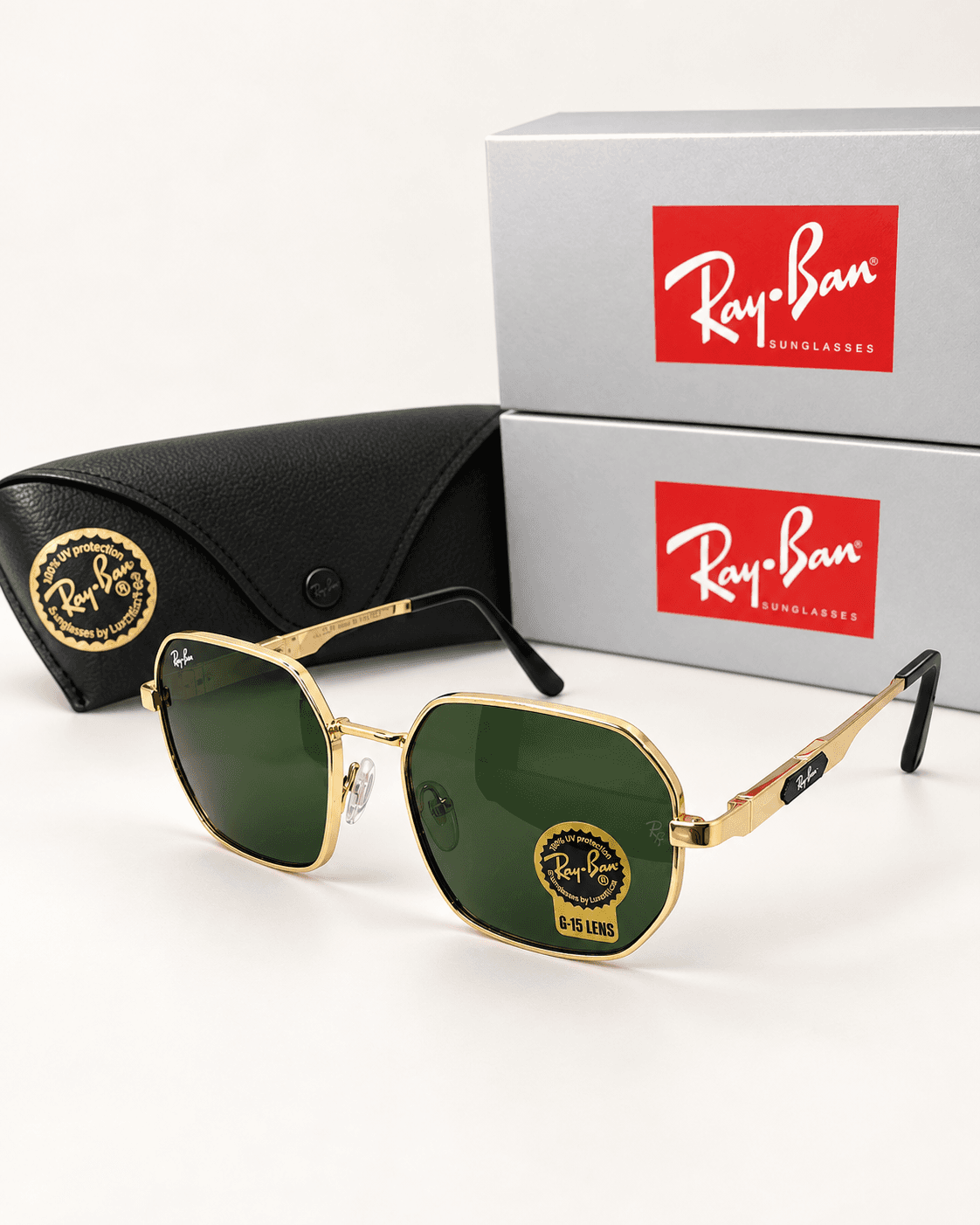 Lentes Ray-Ban Octagonal en color dorado / verde g-15, vista frontal
